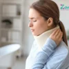 a woman with her eyes closed holding her neck, Cervical collar uses and benefits