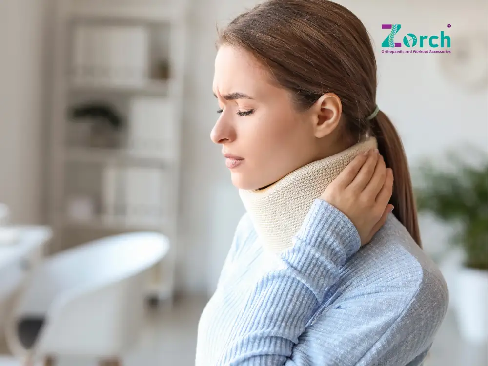 a woman with her eyes closed holding her neck, Cervical collar uses and benefits