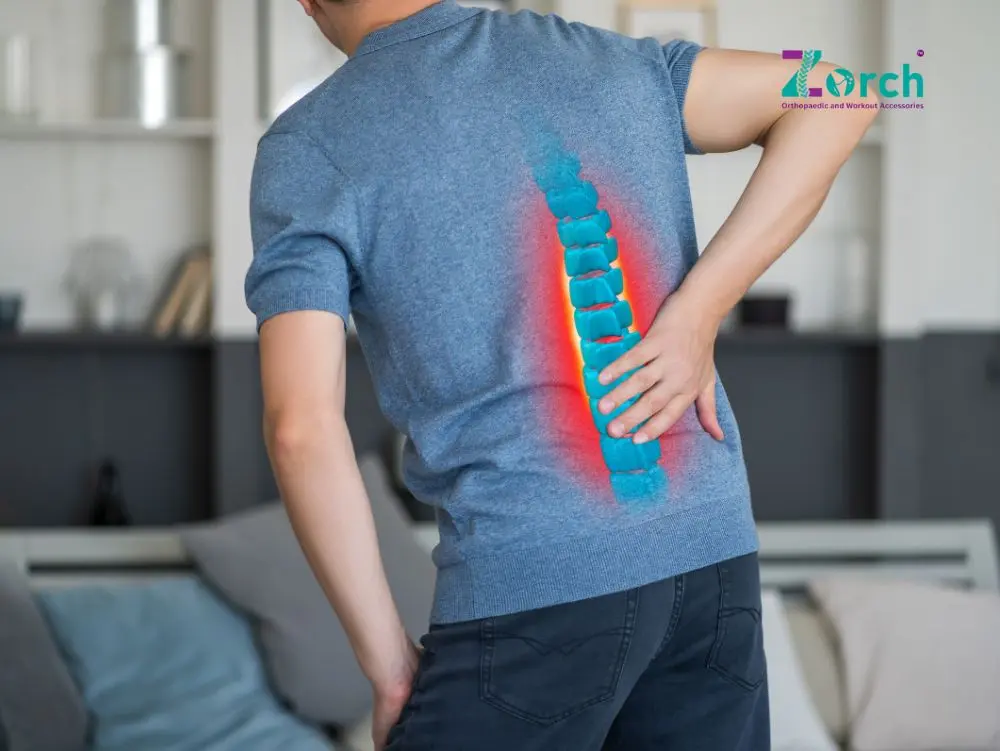 Man holding lower back in pain with highlighted lumbar spine showing need for lumbar support belt for relief