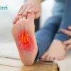 Person holding foot with highlighted pain area, representing plantar fasciitis treatment, exercises, and insole support.