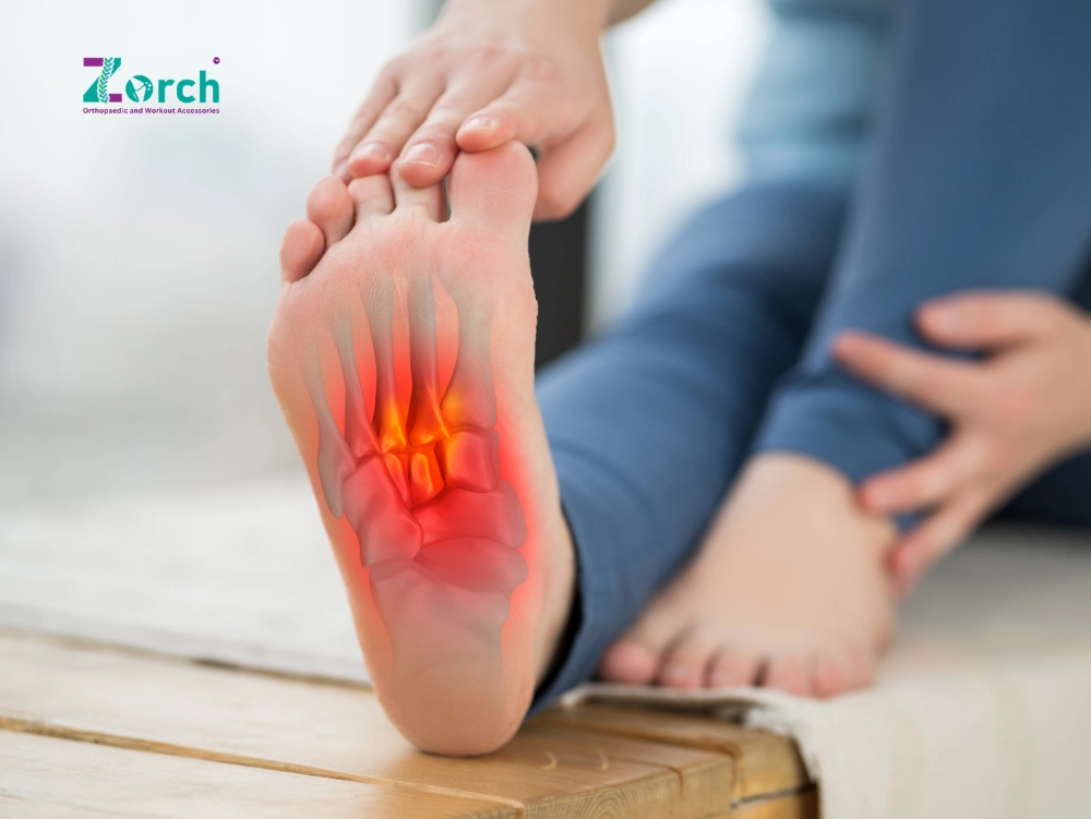 Person holding foot with highlighted pain area, representing plantar fasciitis treatment, exercises, and insole support.